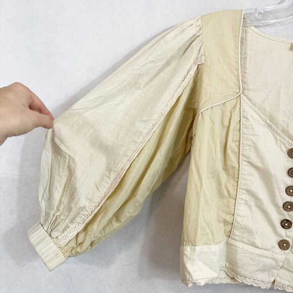 Anthropologie Let Me Be Cream Puff Sleeve Sweetheart Crop Top Buttons - Size XS - Picture 3 of 7